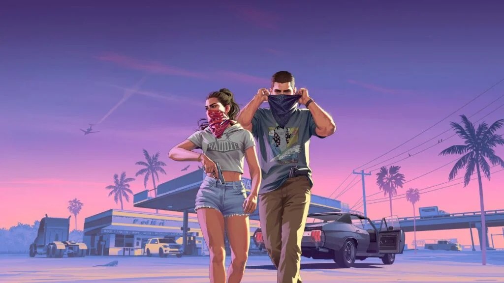 Lucia and Jason at a Vice City gas station under a purple sunset